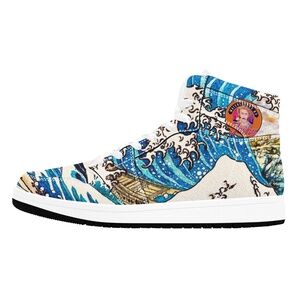 Great Wave Off Nubble Lighthouse Hokusai High Top Vegan Leather Sneakers